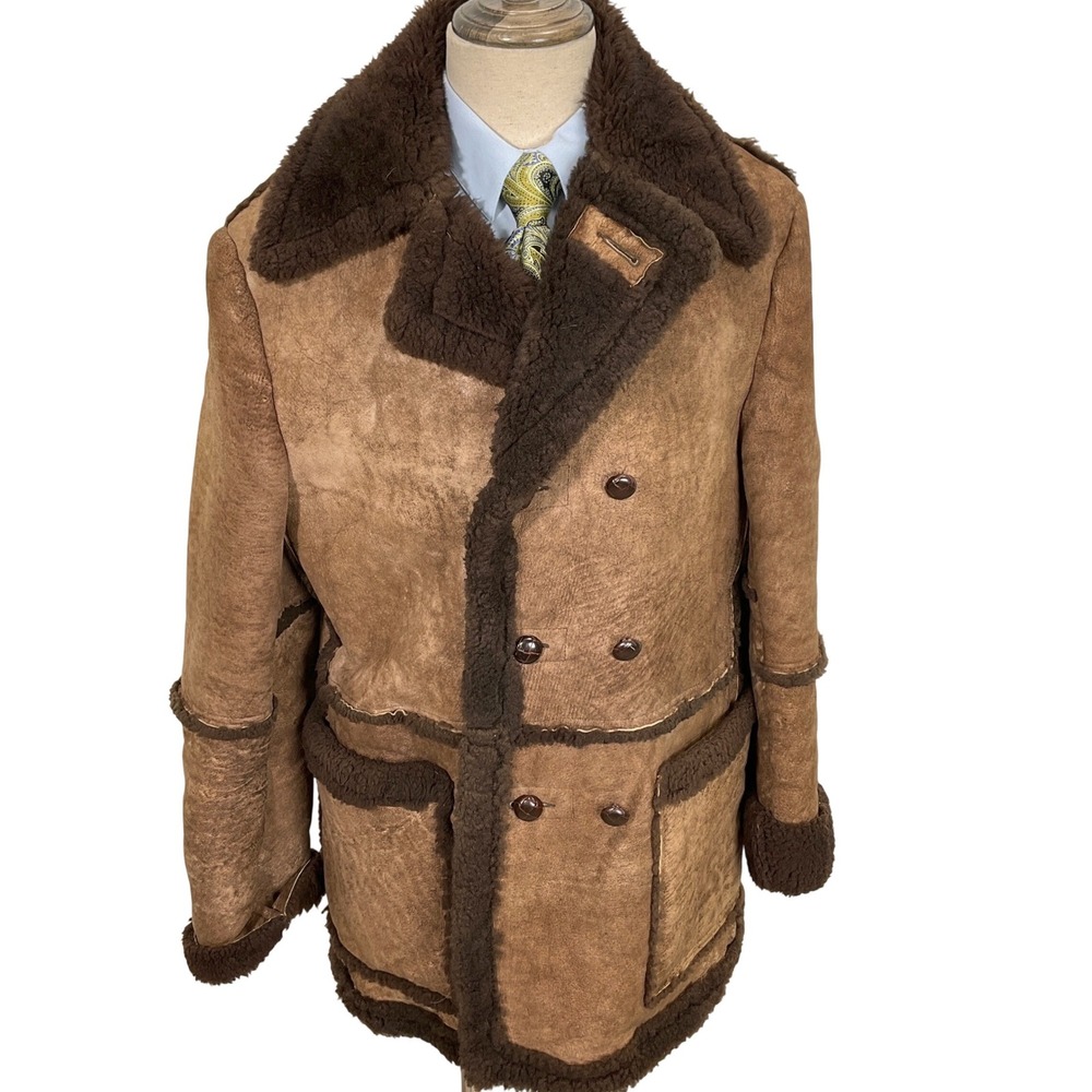 Vintage Bonds Coat Mens 46 Brown Shearling Leather Double‎ Breasted Distressed